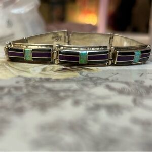 VINTAGE STERLING NAVAJO OPAL + ONYX + SUGILITE INLAY BRACELET SIGNED FJC
